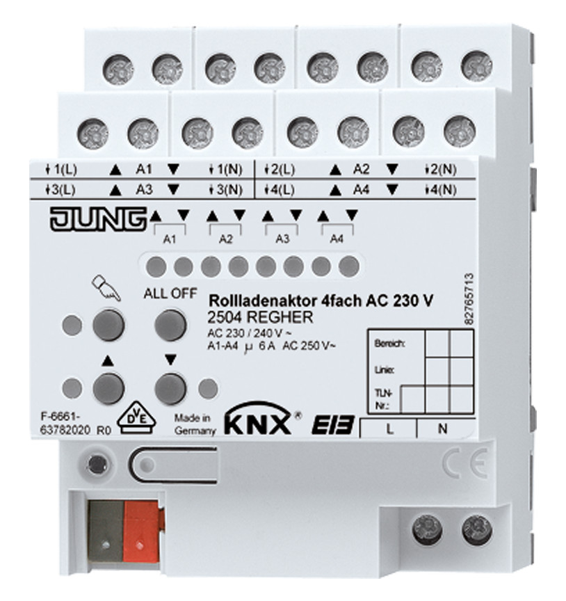 1St. Jung 2504REGHER KNX Rollladenaktor 4fach REG elektronische Handbedienung LED-Statusanzeige AC 230 V 2504 REGHER