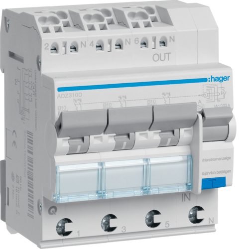 1St. Hager ADZ310D Fi/LS-Schalter 3X 1P+N 6kA B-10A 30mA Typ A QC