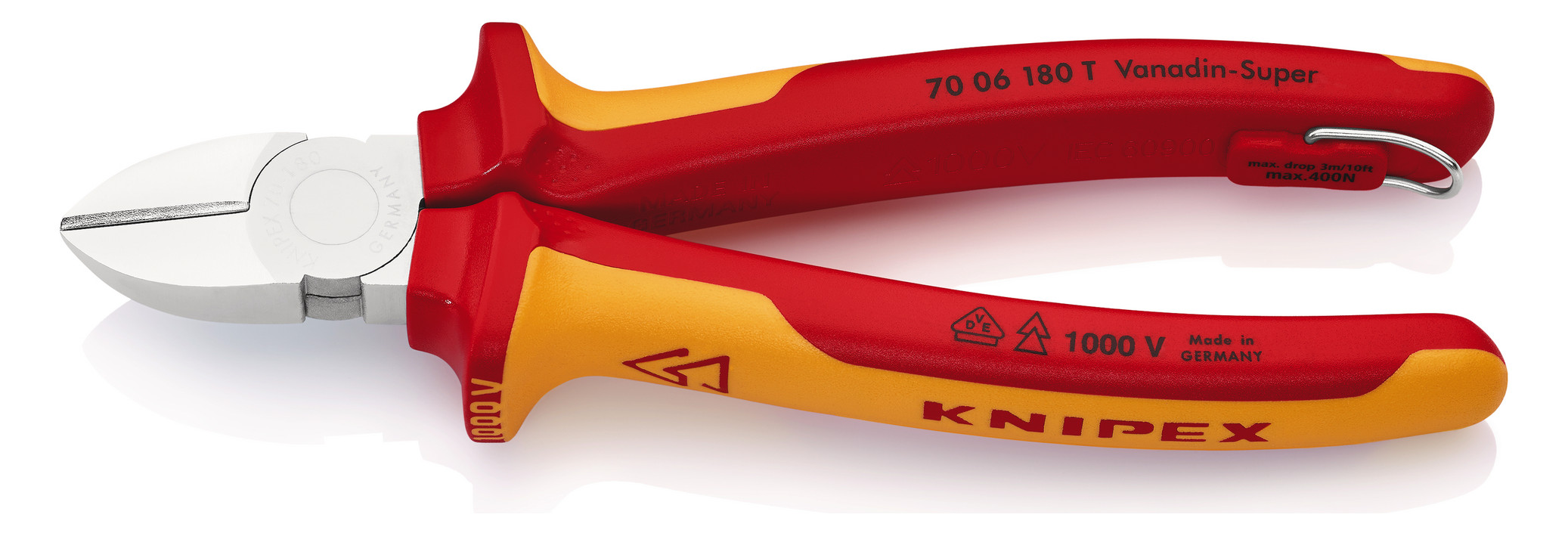 1St. Knipex 70 06 180 T VDE Seitenschneider VDE isoliert, Zange verchromt, mit Befestigungsöse 180mm