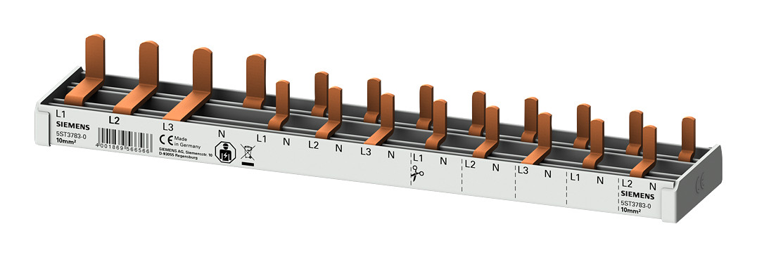 1St. Siemens 5ST37830 Stiftsa.schiene kompakt, 10mm2 Anschluss: 3p/N (FI N-rechts) 1x FI 4-pol + 8x Kompaktgerät 1-pol berührungssicher N-rechts 12 TE schneidbar 5ST3783-0