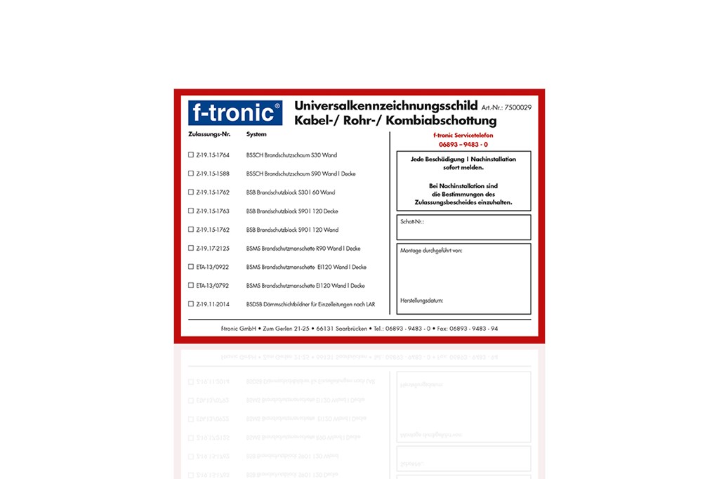 20St. F-Tronic BSKS Universalkennzeichnungsschild, BSKS 7500029