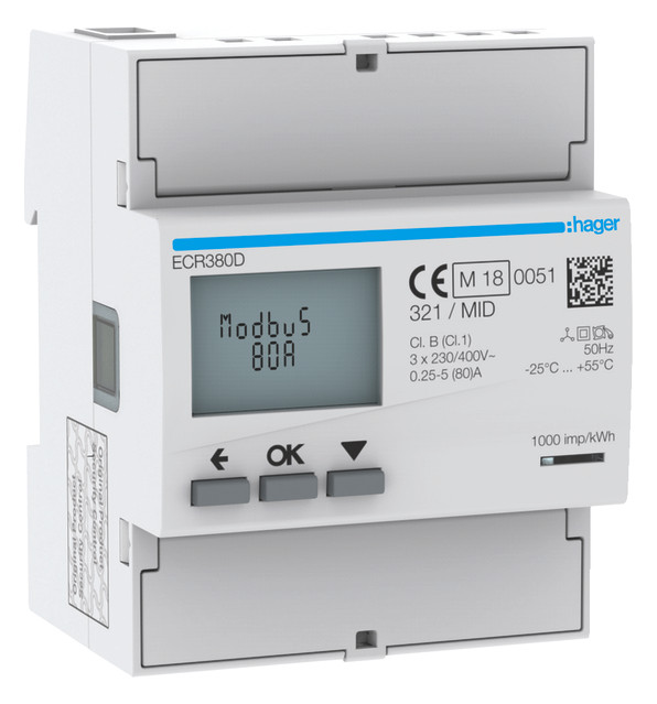 1St. Hager ECR380D Energiezähler 3ph, direkt 80A, MODBUS, MID