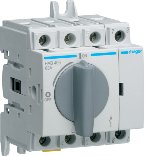 1St. Hager HAB406 Lasttrennschalter 4polig 63A für Hutschiene oder Montageplatte