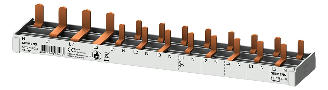 1St. Siemens 5ST37830KL Stiftsa.schiene kompakt, 10mm2 Anschluss 3p/ N (FI N-links) 1x FI 4-pol + 8x Kompaktgerät 1-pol berührungssicher N-links 12 TE schneidbar 5ST3783-0KL