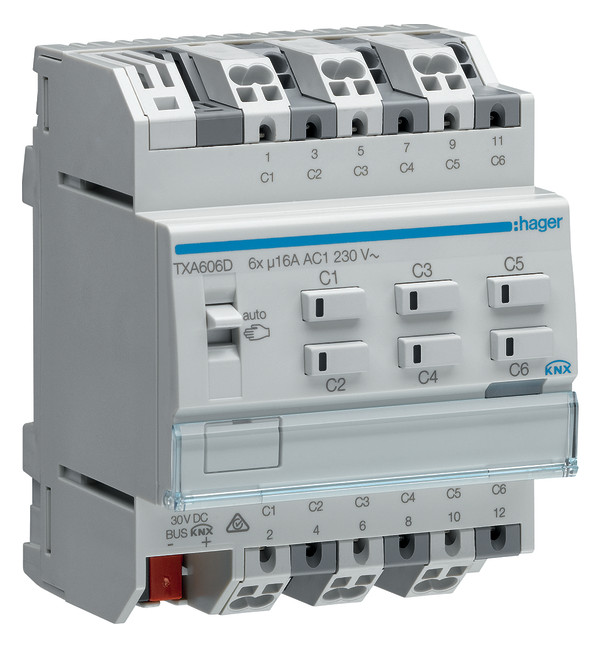 1St. Hager TXA606D Schalt-/Jal.aktor 6/3f KNX easy 16A C-L.