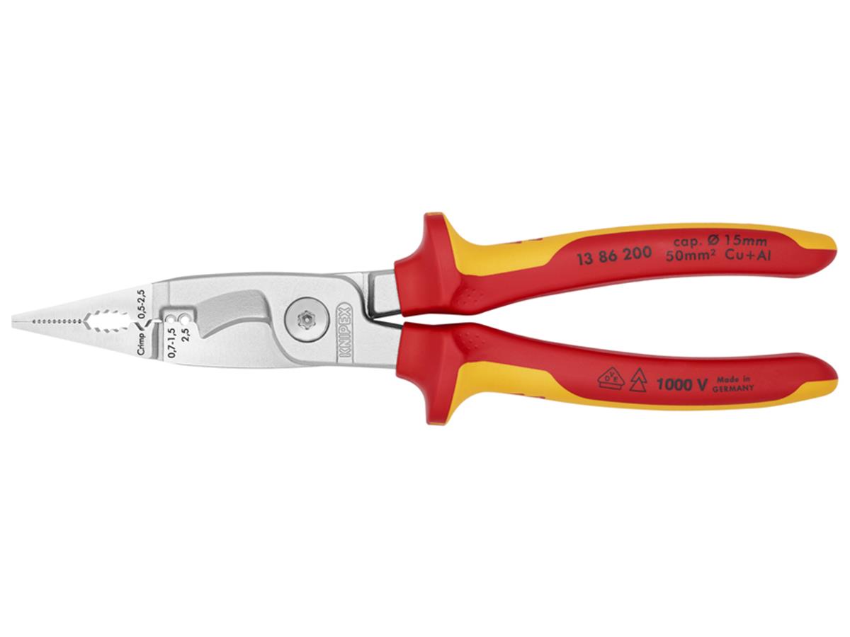 1St. Knipex 13 86 200 VDE Elektro-Installationszange ohne Öffnungsfeder, VDE isoliert, verchromt 200 mm