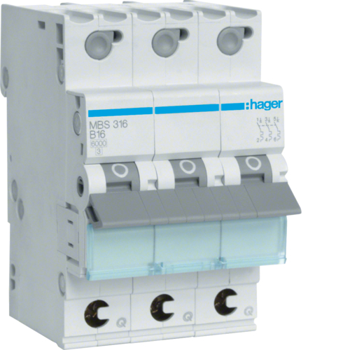 1St. Hager MBS316 Leitungsschutzschalter 3 polig 6kA B 16A QC 3 Module