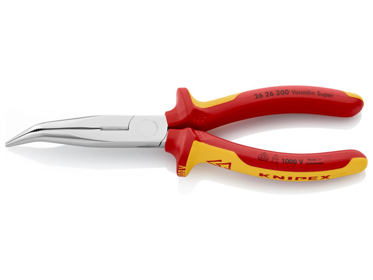 1St. Knipex 26 26 200 VDE Flachrundzange mit Schneide, gebogen VDE isoliert, Zange verchromt 200 mm