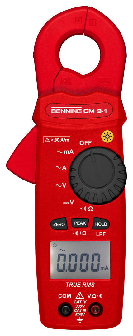 1St. Benning 044682 Trms Leckstromzange, höchste Auflösung 1 µA bei 6 mA, V AC/DC Ohm Durchg, Tiefpassfilter Peak Hold Zero, Zange 23 mm. Cat IV 300 V. Inklusive Zubehör CM 9-1