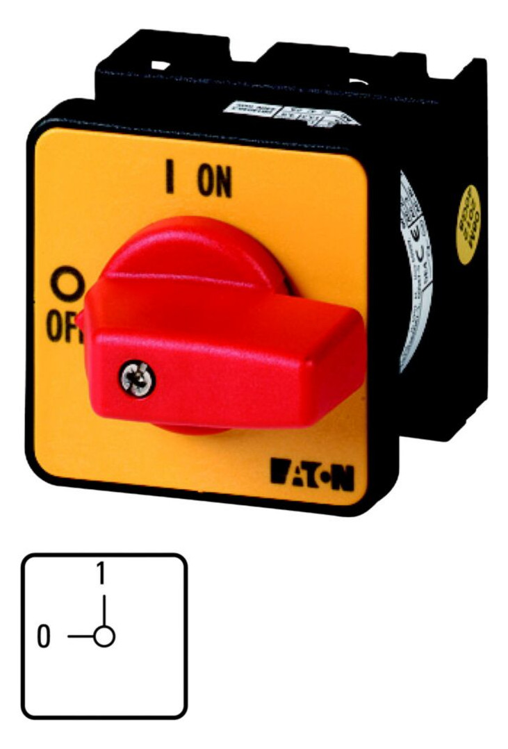 1St. Eaton 009046 EIN-AUS-Schalter, T0, 20 A, Einbau, 1 Baueinheit(en), 2-polig, NOT-AUS-Funktion, mit rotem Knebel und gelbem Frontschild T0-1-102/E-RT