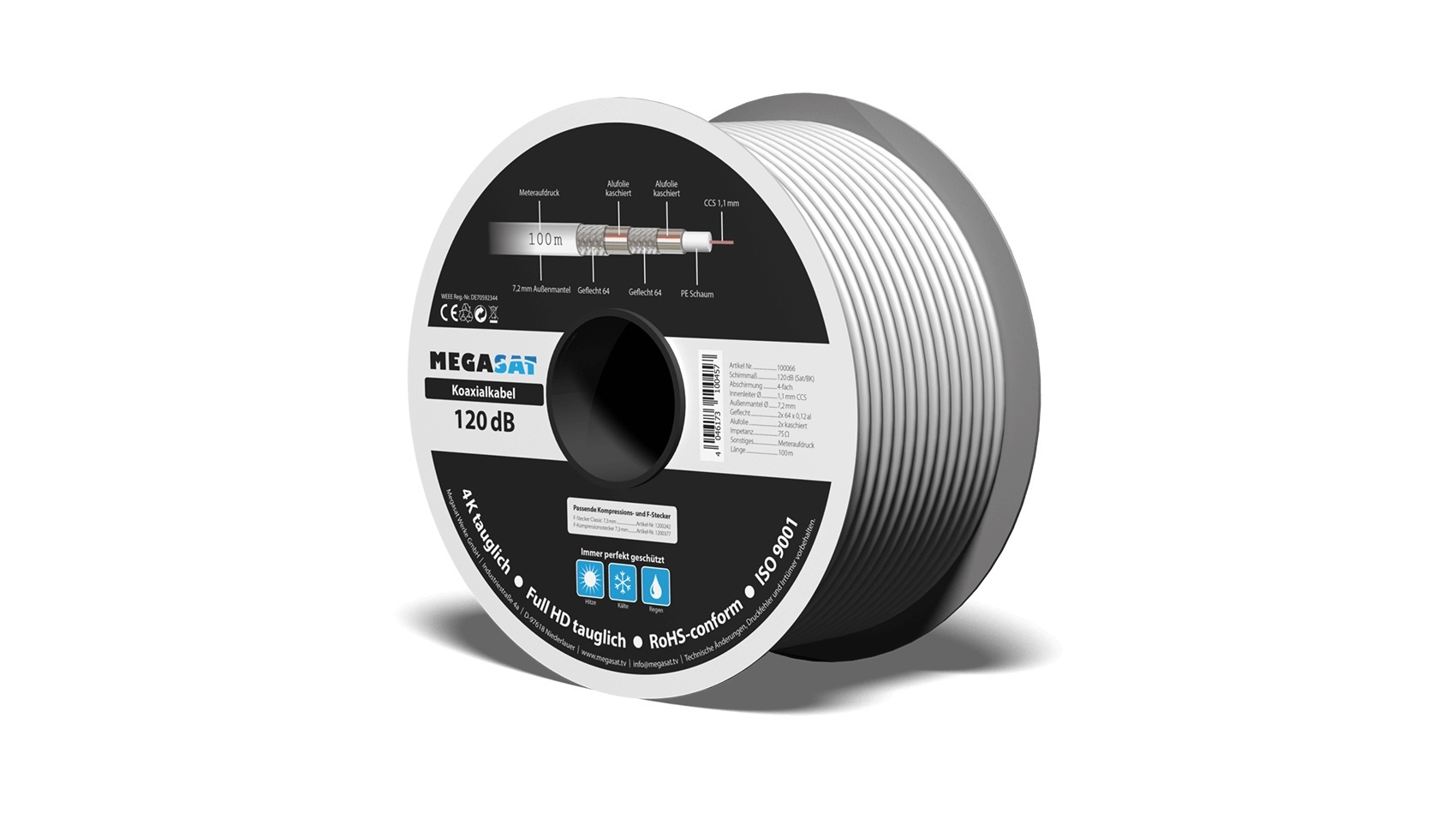 100m Megasat 100066 Koaxialkabel 120dB CCS1 Antennenkabel Satkabel Fernsehkabel