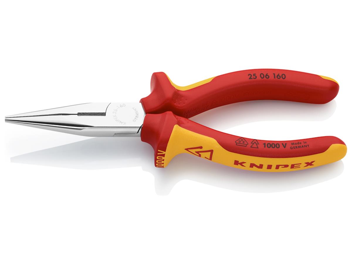 1St. Knipex 25 06 160 VDE Flachrundzange mit Schneide VDE isoliert, Zange verchromt 160 mm