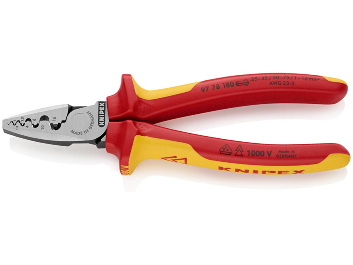 1St. Knipex 97 78 180 Aderendhülsen-Presszange VDE-geprüft nach DIN EN 60900, 1000 V 0,25 - 16 mm²