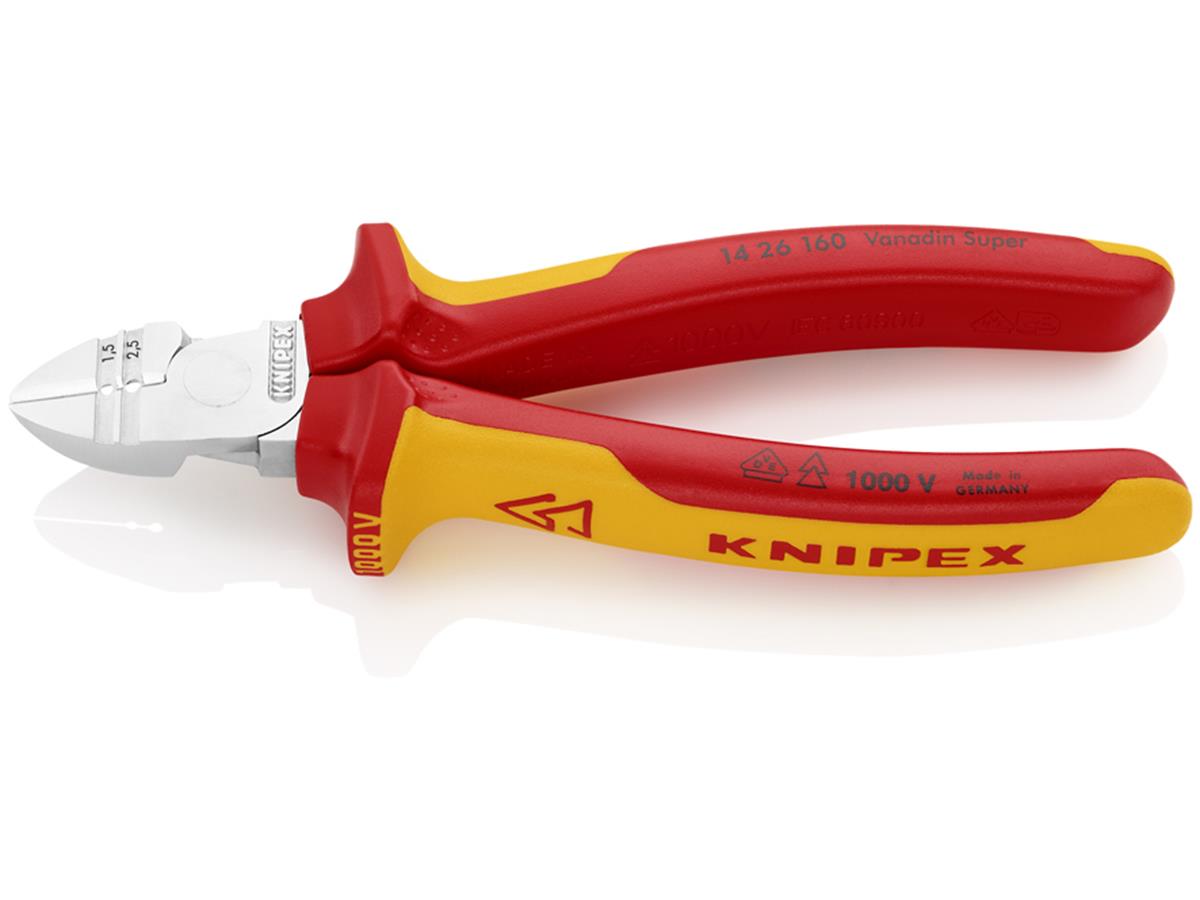 1St. Knipex 14 26 160 VDE Abisolier-Seitenschneider VDE isoliert, Zange verchromt 160 mm