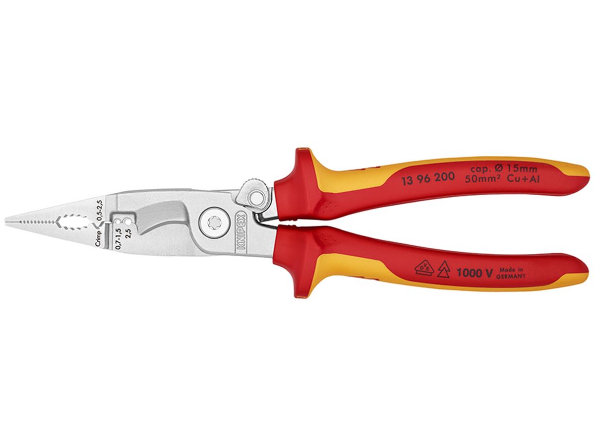 1St. Knipex 13 96 200 VDE Elektro-Installationszange mit Öffnungsfeder, VDE isoliert, verchromt 200 mm