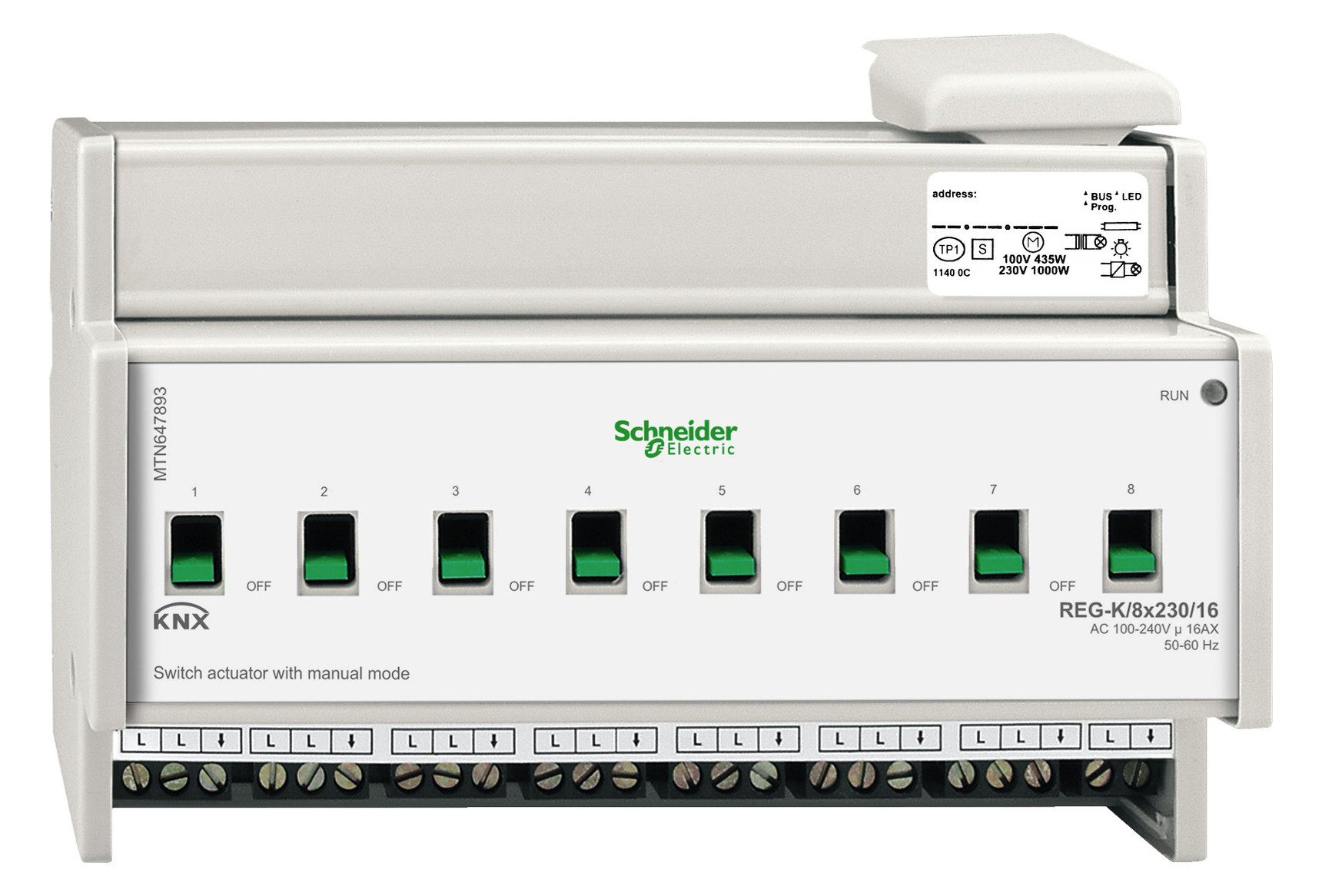 1St. Schneider Electric MTN647893 Schaltaktor REG-K/8x230/16 mit Handbetätigung, lichtgrau