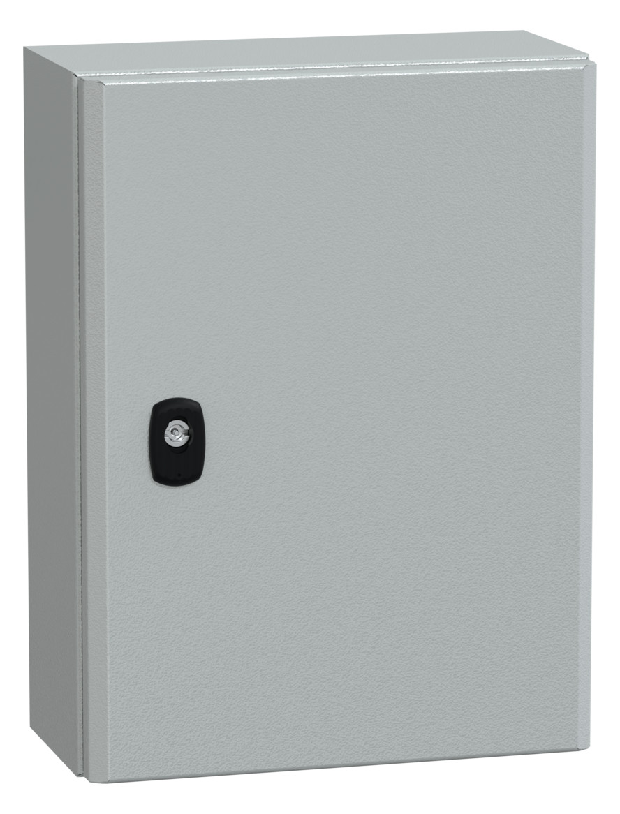 1St. Schneider Electric NSYS3D4315P Spacial S3D Volltür mit Montageplatte H400xB300xT150 IP66 IK10 RAL7035.