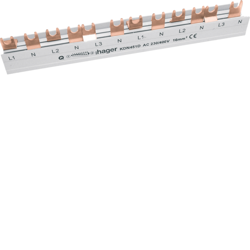 1St. Hager KDN451D Phasenschiene 3 polig+N mit Gabelanschluss 16mm² 80A 12 Module L1NL2NL3NL1NL2NL3N