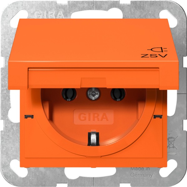 1St. Gira 4454109 SCHUKO-Steckdose 16A 250V mit Klappdeckel mit oranger Abdeckung und Aufdruck ZSV, Orange glänzend