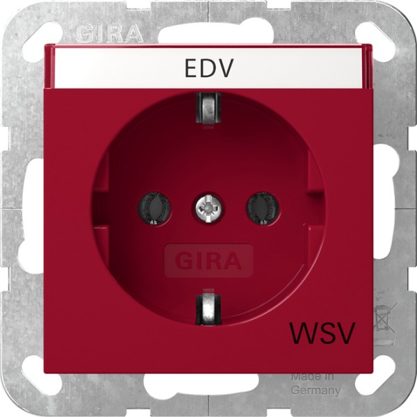 1St. Gira 4457108 SCHUKO-Steckdose 16A 250V mit Beschriftungsfeld mit roter Abdeckung und Aufdruck WSV, Rot glänzend